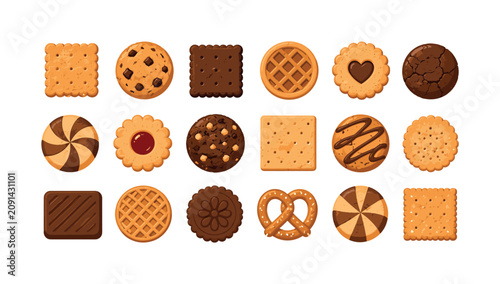 Brown cookie and biscuit icons with square, round, waffle, and cracker shapes, cookies, biscuits, crackers, waffle, brown, bakery,