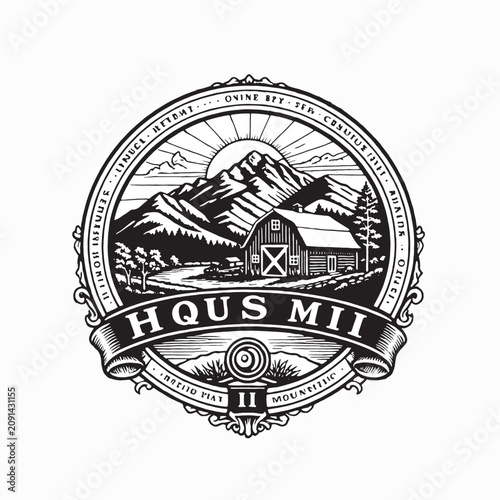 Vintage Mountain Landscape and Barn Medallion Emblem on Wavy Textured Background