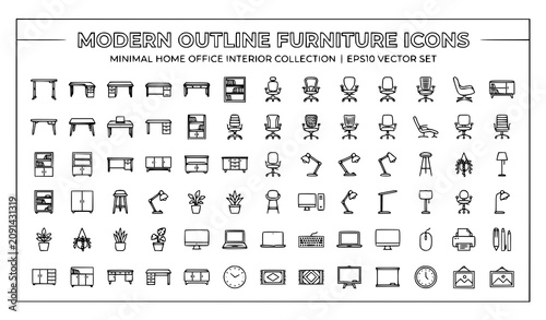 Foto Design an original vector collection of 30 contemporary furniture line icons isolated on a solid white background