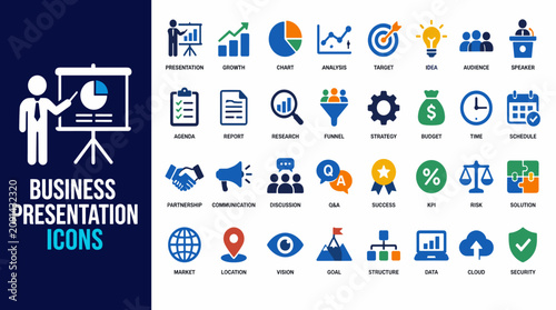 Collection of business presentation icons and symbols.