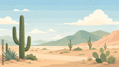 Minimal desert cactus landscape with soft clouds and green hills, cactus, desert, hills, clouds, green, beige, landscape, sky,
