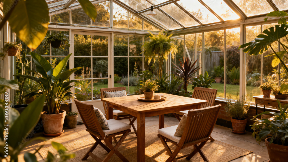 Obraz premium Stylish outdoor greenhouse with indoor seating area, cozy garden retreat for relaxation and conversation