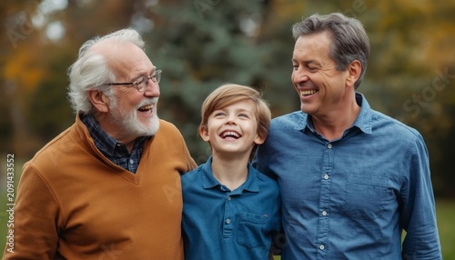 There are two older men and a young boy posing for a picture