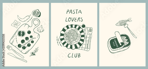 Foto Retro Mediterranean food posters collection with hand drawn cartoon elements