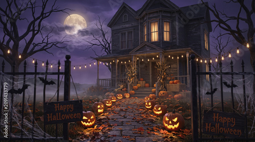 Haunted house at night decorated for Halloween with carved glowing jack o lanterns, spooky Victorian mansion under a full moon, festive holiday background