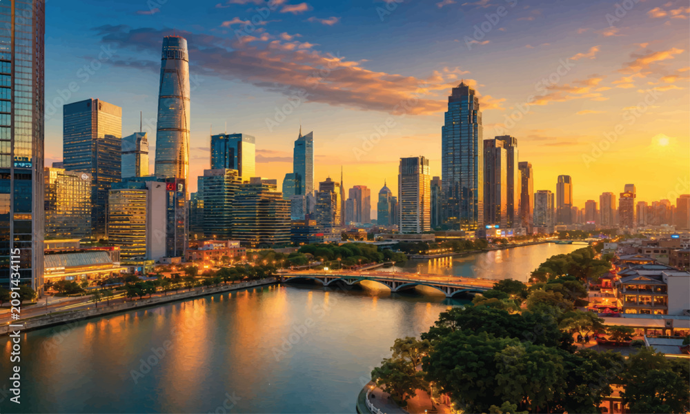 Fototapeta premium Golden Hour Metropolis Riverfront Skyline