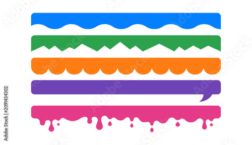 Set of five wide colorful banner strips with decorative bottom borders including wavy, mountain peak, scalloped, speech bubble tail, and paint drip effects.