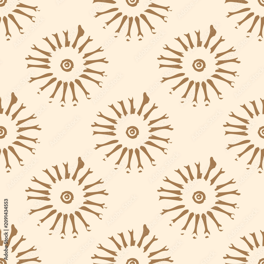 Fototapeta premium Boho seamless pattern with abstract ethnic sun elements in earthy ochre color on beige background