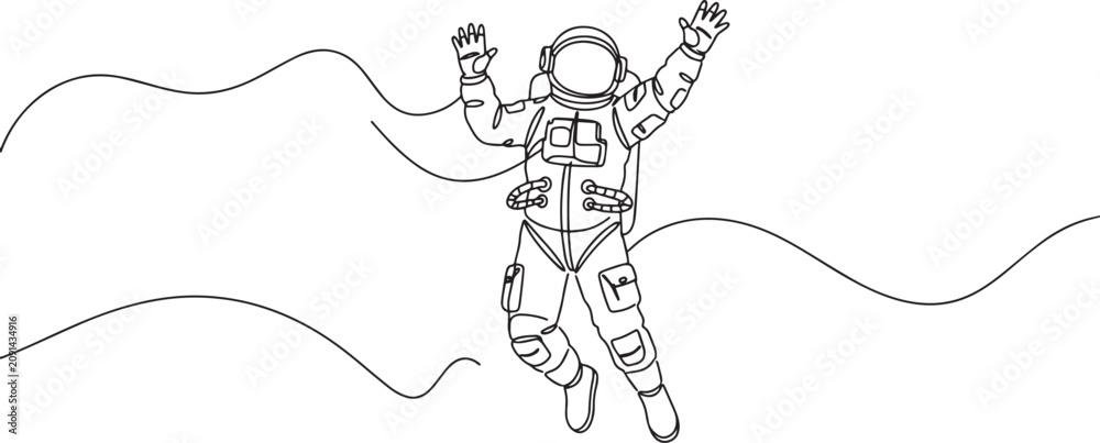 Fototapeta premium Astronaut floating in space with arms raised, line art illustration.