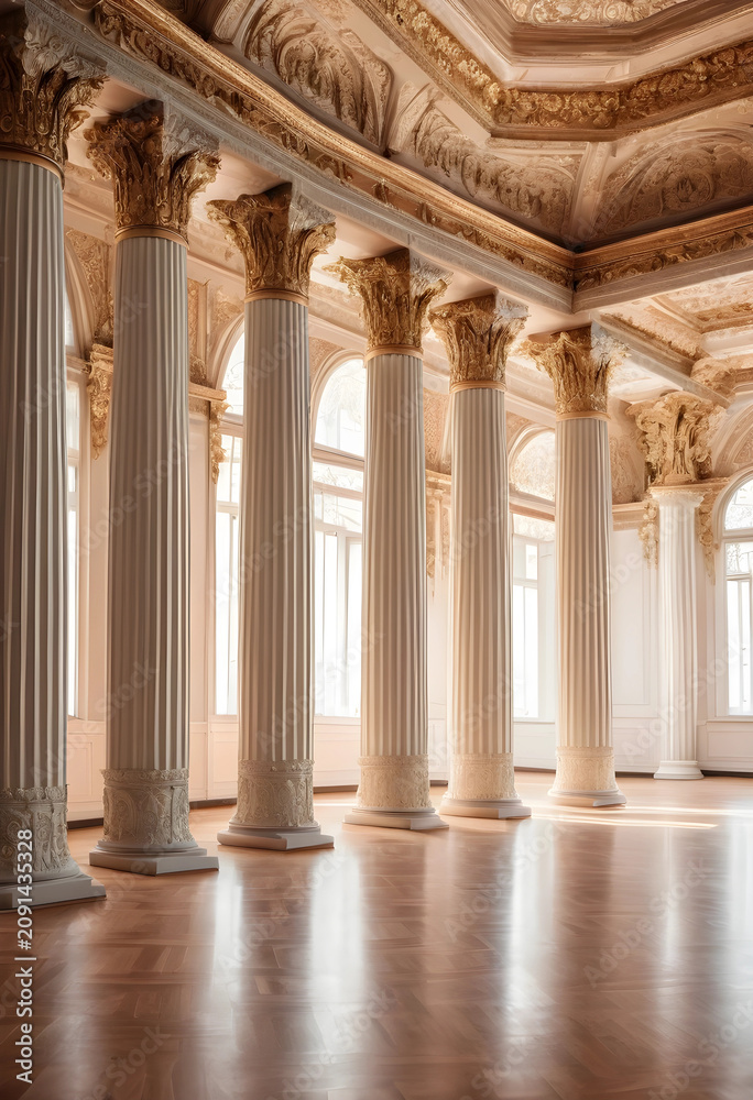 Fototapeta premium Ornate pillars and intricate ceiling in grand ballroom interior