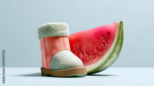 Warm winter boot featuring a vibrant pink and white faux fur design. Creatively paired with a juicy watermelon slice