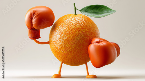 Orange fruit character showing strength and power, wearing boxing gloves and flexing muscles, symbolizing vitality, healthy eating, and dietary benefits