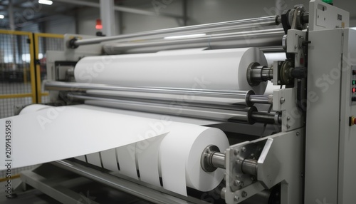 Medium shot of a paper winder and slitter machine slicing a wide web into reels highlighting the precise tension controls ensuring smooth operation.