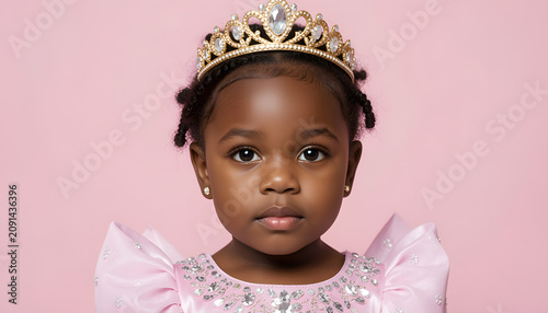 Studio portrait of a smiling young Black girl dressed as a fairytale princess, wearing an elegant golden tiara against a vibrant purple background. Colorful children's costume photography celebrating 