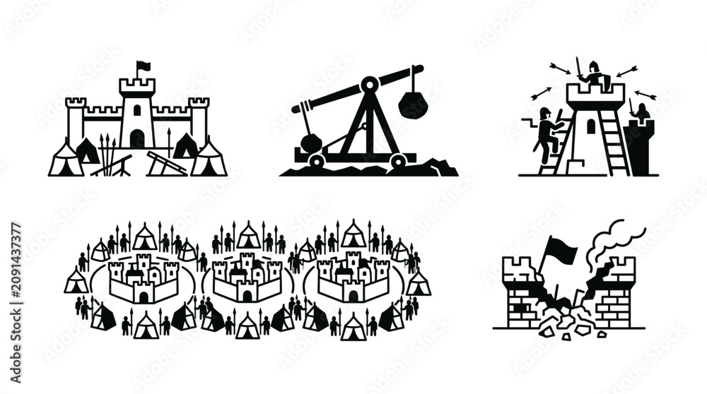 Fototapeta premium Set of Medieval Castle Siege and Warfare Icons