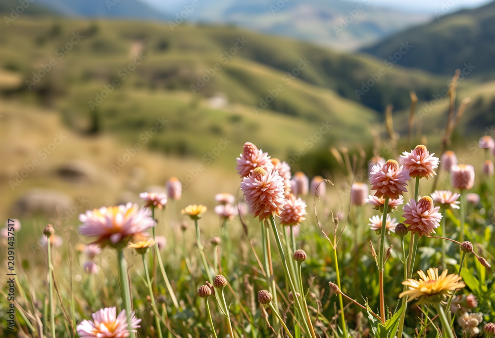 Obraz premium Panoramic view of wildflowers blooming on hillside in sunlight