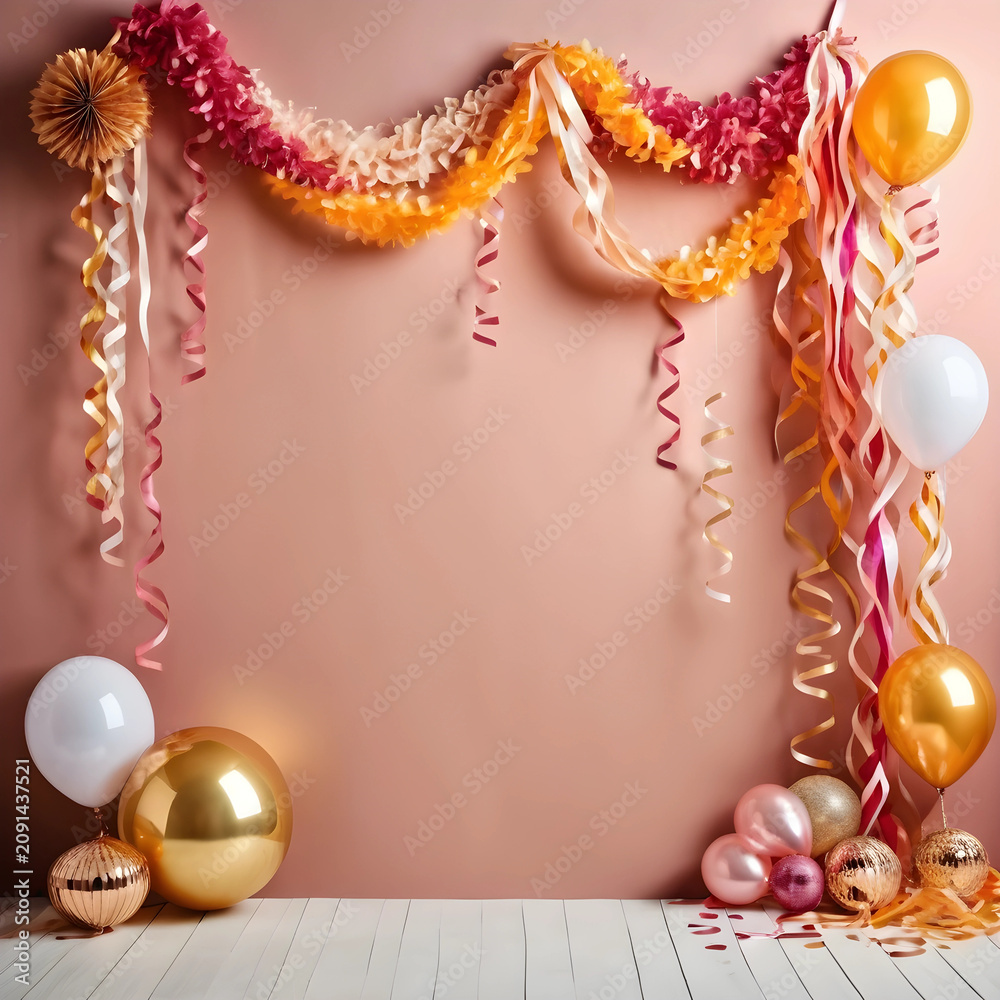 Fototapeta premium Colorful party decorations with balloons and streamers