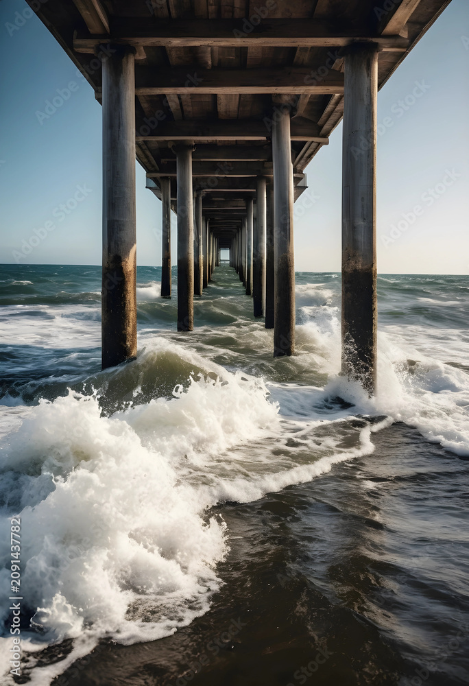 Fototapeta premium View under a wooden pier with ocean waves crashing