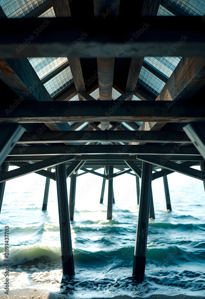 Fototapeta premium Underneath view of a wooden pier over ocean water