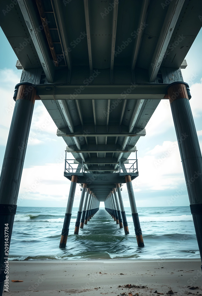 Fototapeta premium Underneath view of a wooden pier over ocean waves