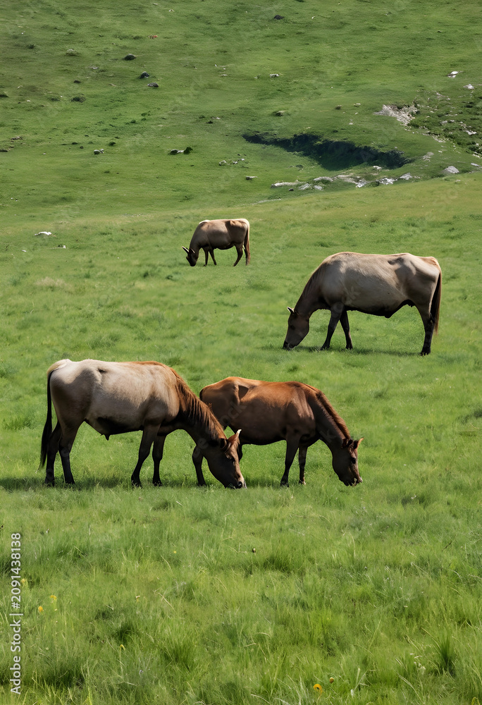 Fototapeta premium Four grazing cows in a green meadow