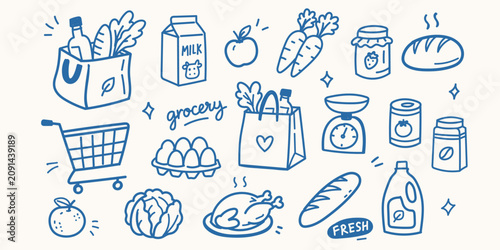 Hand Drawn Grocery Shopping Doodle Set Vector Illustration with Fresh Food, Shopping Cart, Grocery Bag, Bread, Milk, Eggs, Fruits, Vegetables and Organic Market Elements