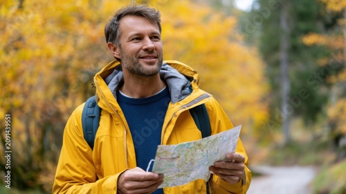 Man in yellow jacket holding a map while hiking through a forest with vibrant autumn foliage and a winding path visible in the background