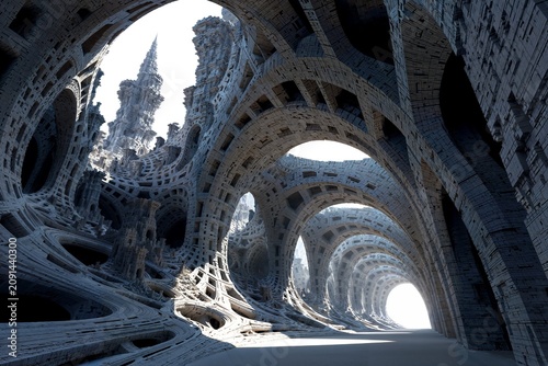 Surreal Fractal Architecture with Intricate Arches and Towering Spires Leading Toward Glowing Light at End of Cavernous Tunnel