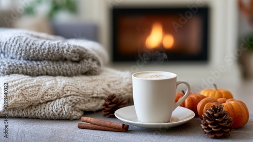 White ceramic cup of steaming coffee on saucer beside cinnamon sticks, pine cones, and small pumpkins with cozy knitted sweaters in front of a fireplace