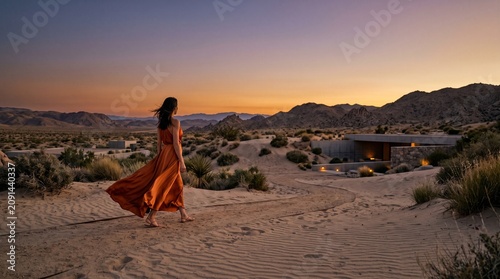 Elegant woman in a flowing orange dress walking on a sandy path in a desert landscape at sunset near a luxury modern villa