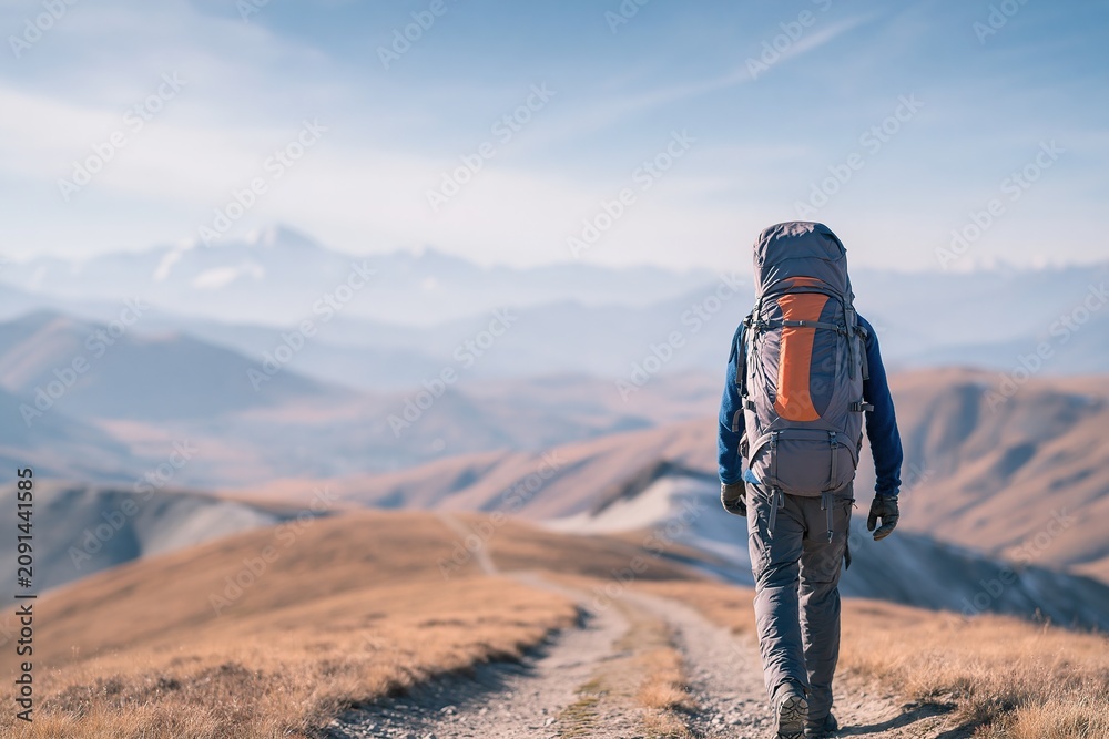 Obraz premium Mountain Hikers Journey Through Golden Hills