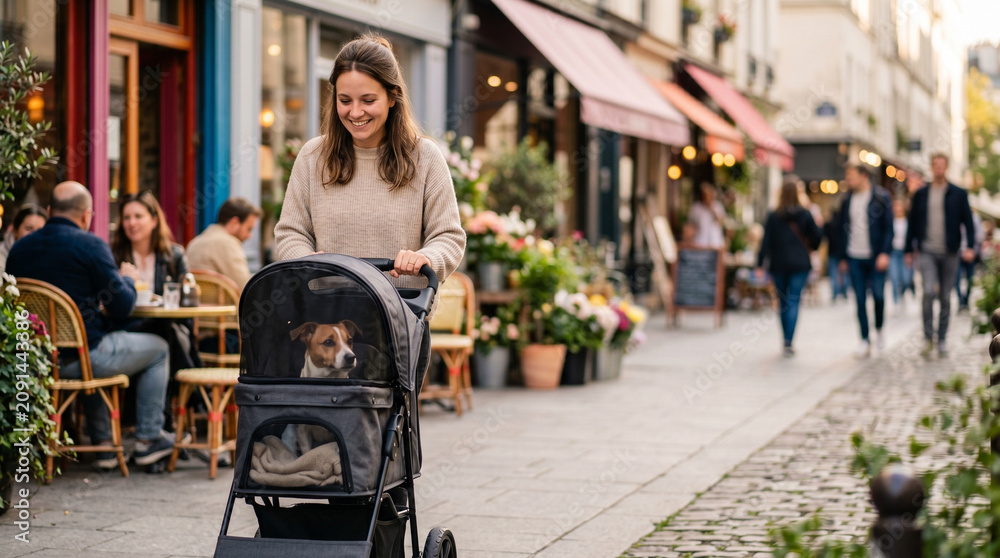 Obraz premium Woman walking through city street with small dog in pet stroller. Happy girl taking pet for walk outdoors. Concept of urban travel with animal and lifestyle companion care.
