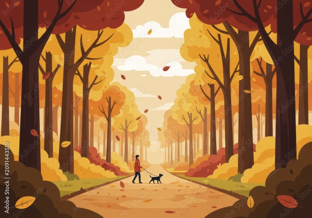 Naklejka premium A solitary figure strolls with their canine companion along a leaf-strewn walkway bordered by vibrant trees in a charming autumnal landscape, AI generated