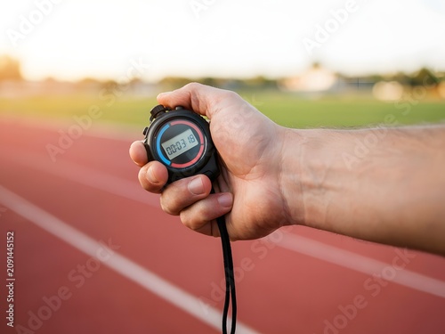 Hand holding digital stopwatch on running track for sports and fitness, athletic training