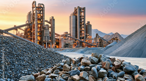 Industrial cement plant with silos and conveyor belts at sunset, gravel piles in foreground