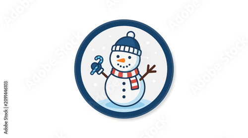 Cute snowman illustration in circular frame with candy cane.