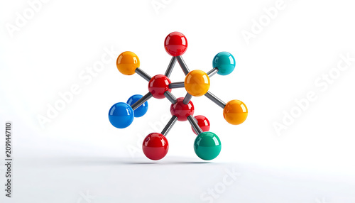 Colorful molecular structure with red, blue, yellow, and green spheres connected by rods on a white background, symbolizing science and chemistry concepts