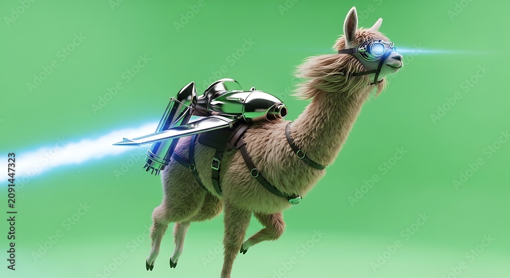 Fototapeta premium Futuristic Flying Llama with Jetpack and Laser Goggles Soaring on Green Background, Concept of Rapid Growth, High Speed Innovation and Digital Tech Startup Success