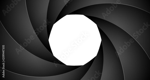 Camera shutter aperture background with dark black focus circle cinema lens frame graphic design element