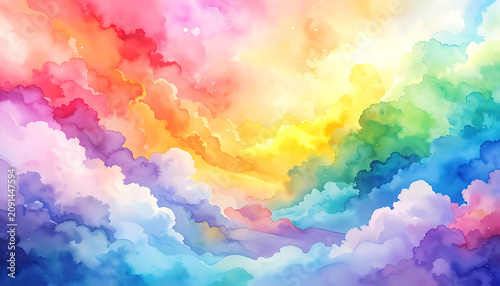 Colorful watercolor clouds background, vibrant rainbow spectrum sky, dreamy ethereal atmosphere, abstract fantasy backdrop, soft pastel hues and light.