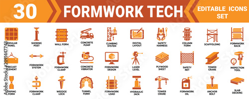 Obraz na płótnie Set of thirty construction formwork technology icons for building engineering and concrete site works Minimal solid fill icon set bundle collection