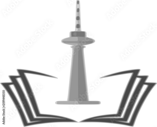 A minimalist monochrome logo design featuring a broadcasting or observation tower rising from an open book, symbolizing the connection between education, knowledge, communication, and media technology