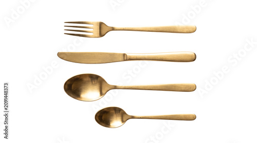 Tableau sur toile Golden Cutlery Set with Fork Knife and Spoons on White