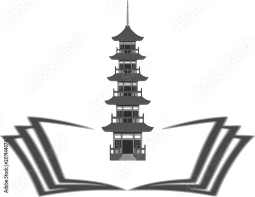 A monochrome logo design featuring a multi-tiered traditional Asian pagoda tower rising from an open book. It perfectly symbolizes Asian studies, cultural education, oriental history, philosophy, and 
