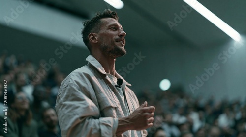Man standing in front of a large crowd of people in a conference room. he is wearing a beige jacket and has a microphone attached to his shirt.