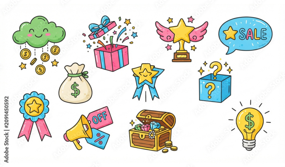 Fototapeta premium Set of 10 playful doodle style business and reward icons for creative web and print design