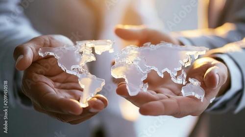 Two hands holding a 3d model of a world map. the hands are cupped together and the background is blurred, but it appears to be an indoor setting with natural light shining on the hands.