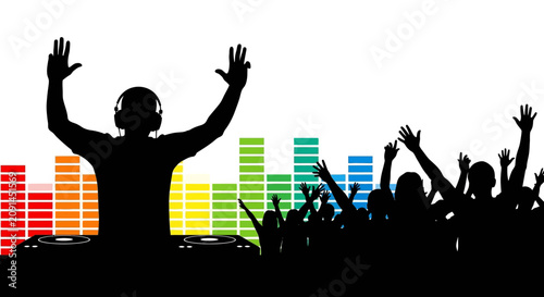Crowd and dj silhouette with colorful equalizer bars a dark graphic silhouette people audience concert