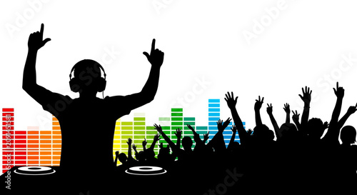 Crowd and dj silhouette against colorful equalizer bars a dynamic music scene silhouette people disc jockey