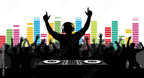 Fotografie Silhouette of a dj with crowd and equalizer bars a vibrant music scene silhouett